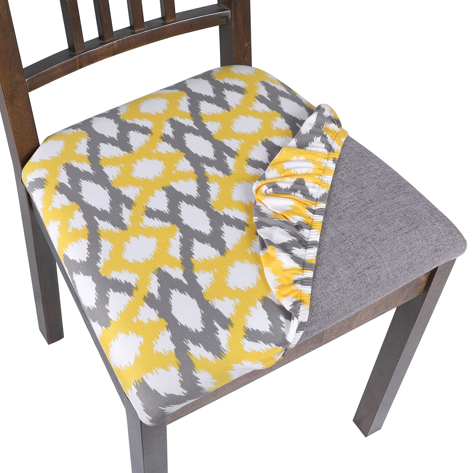 SearchISeat Covers for Dining Room Chairs Stretch Printed Chair Seat Covers Set of 6, Removable Washable Upholstered Chair Seat Protector Cushion Slipcovers for Kitchen, Office(Yellow Geometric)