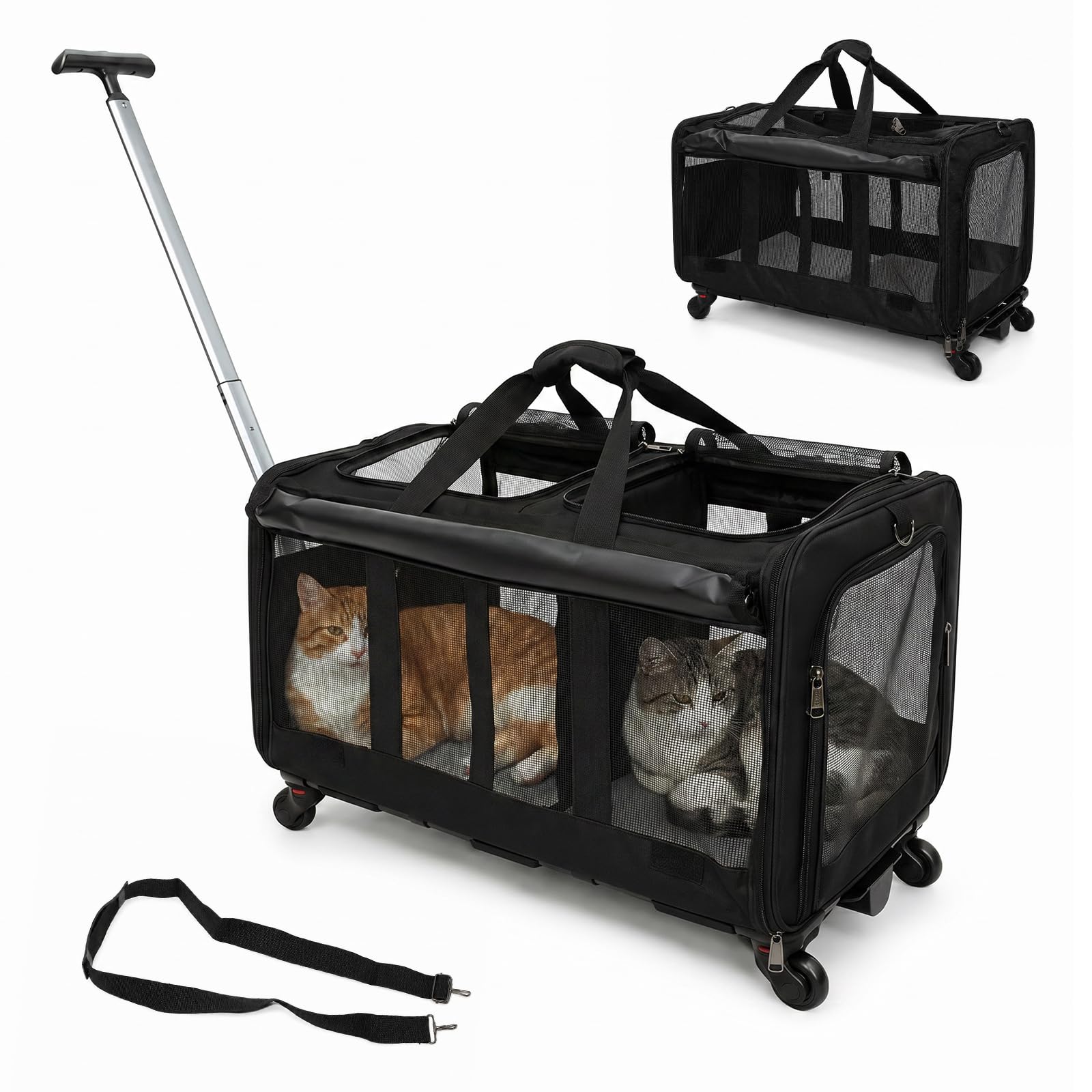 WUDLEP Double Cat Carrier with Wheels, Large Compartment Pet Carrier