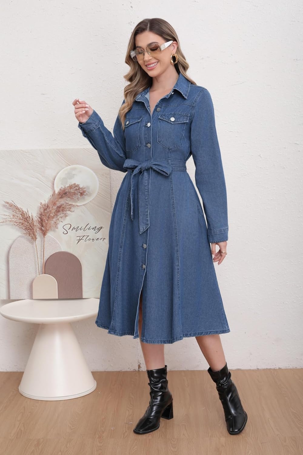 utcoco Denim Dress for Women 2025 Casual Belted Long Sleeve Button Down Midi Jean Dresses with Pockets - Image 6
