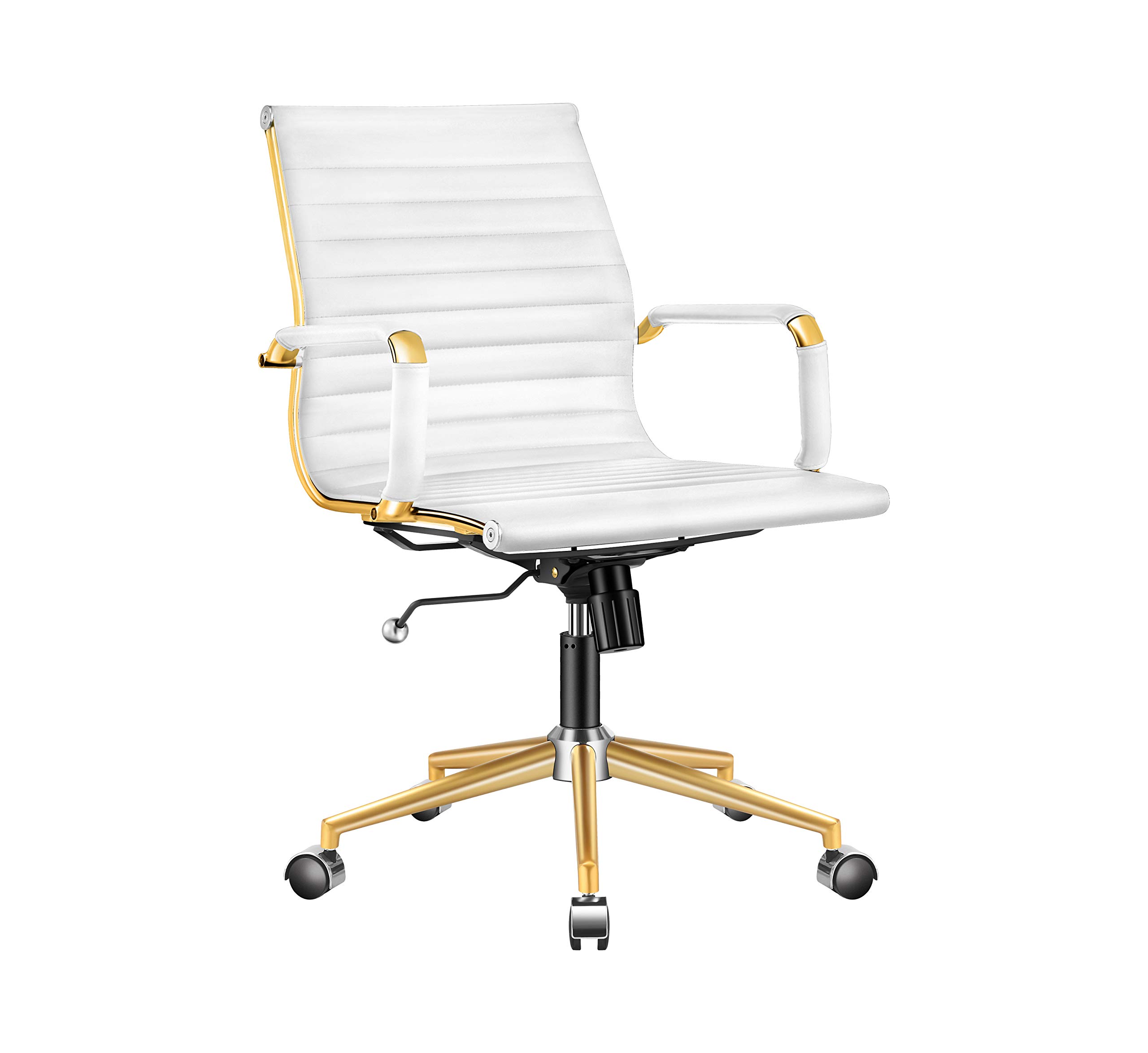 LUXMOD Gold Office Chair in White Leather, Mid Back Office Chair with Armrest, White and Gold Ergonomic Desk Chair for Back Support, Modern Executive Chair White and Gold,Gold Swivel Chair White