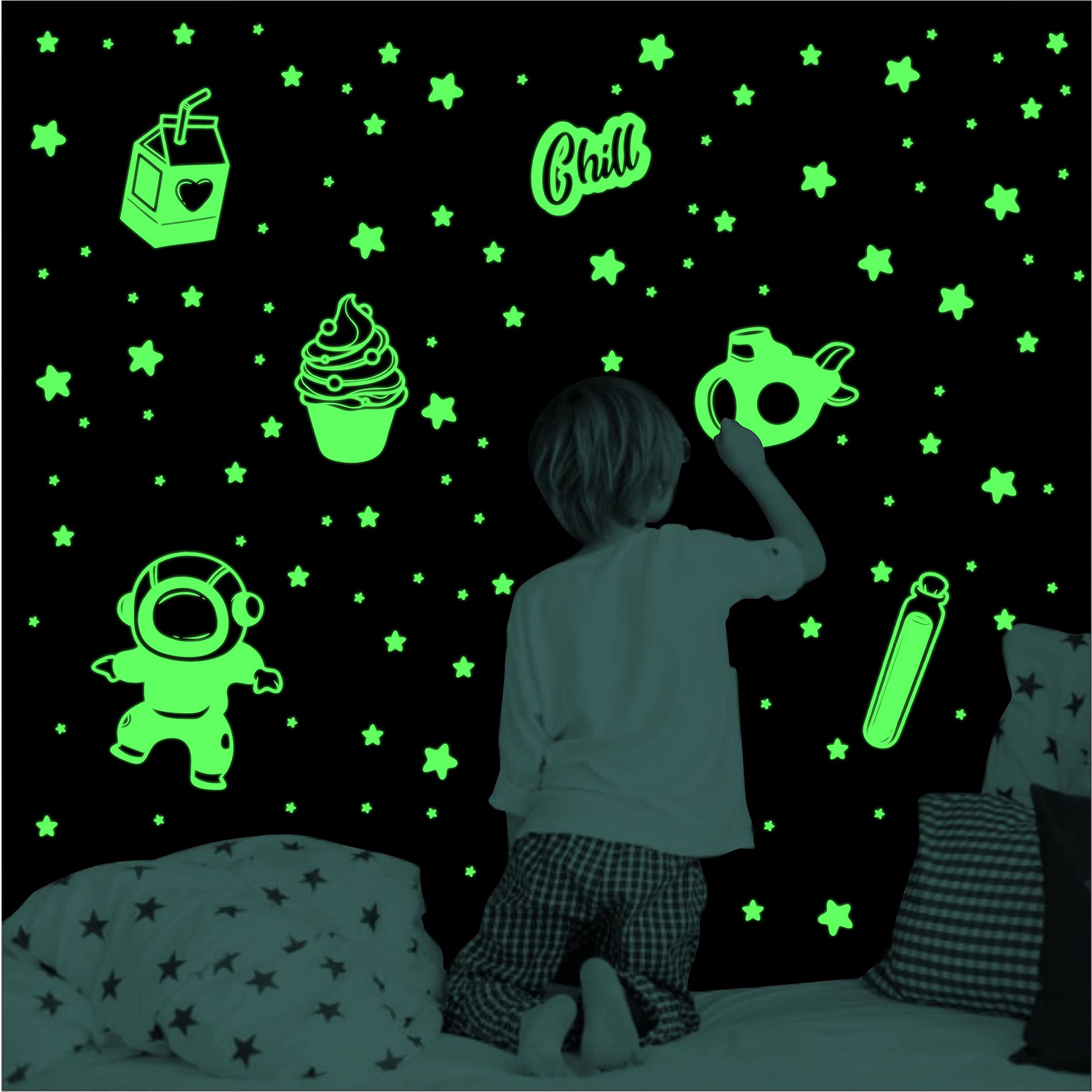 Dreamkraft Astronaut Glow in The Dark Sticker Set - 94 Radium Vinyl Stickers with Cupcake, Juice, and Stars Glowing Designs
