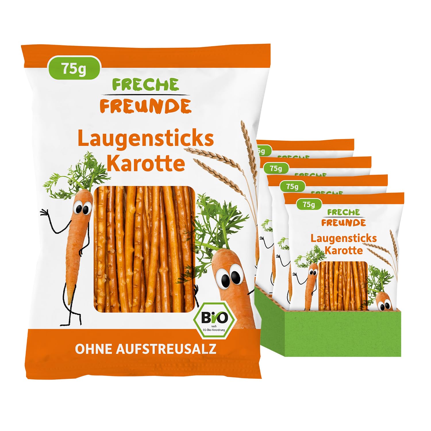 FRECHE FREUNDE Bio Laugensticks Karotte, Knabberstangen ohne Aufstreusalz, für Kinder & Babys, mit Dinkelmehl, vegan, Kindersnack, 15er Pack (15 x 75 g)