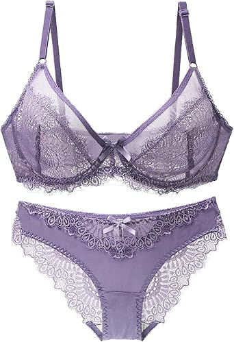 Sexy Bra and Panty Sets Floral Lace 2 Piece Underwire Lingerie Set Push Up Bralette Mesh Babydoll Underwear Sleepwear