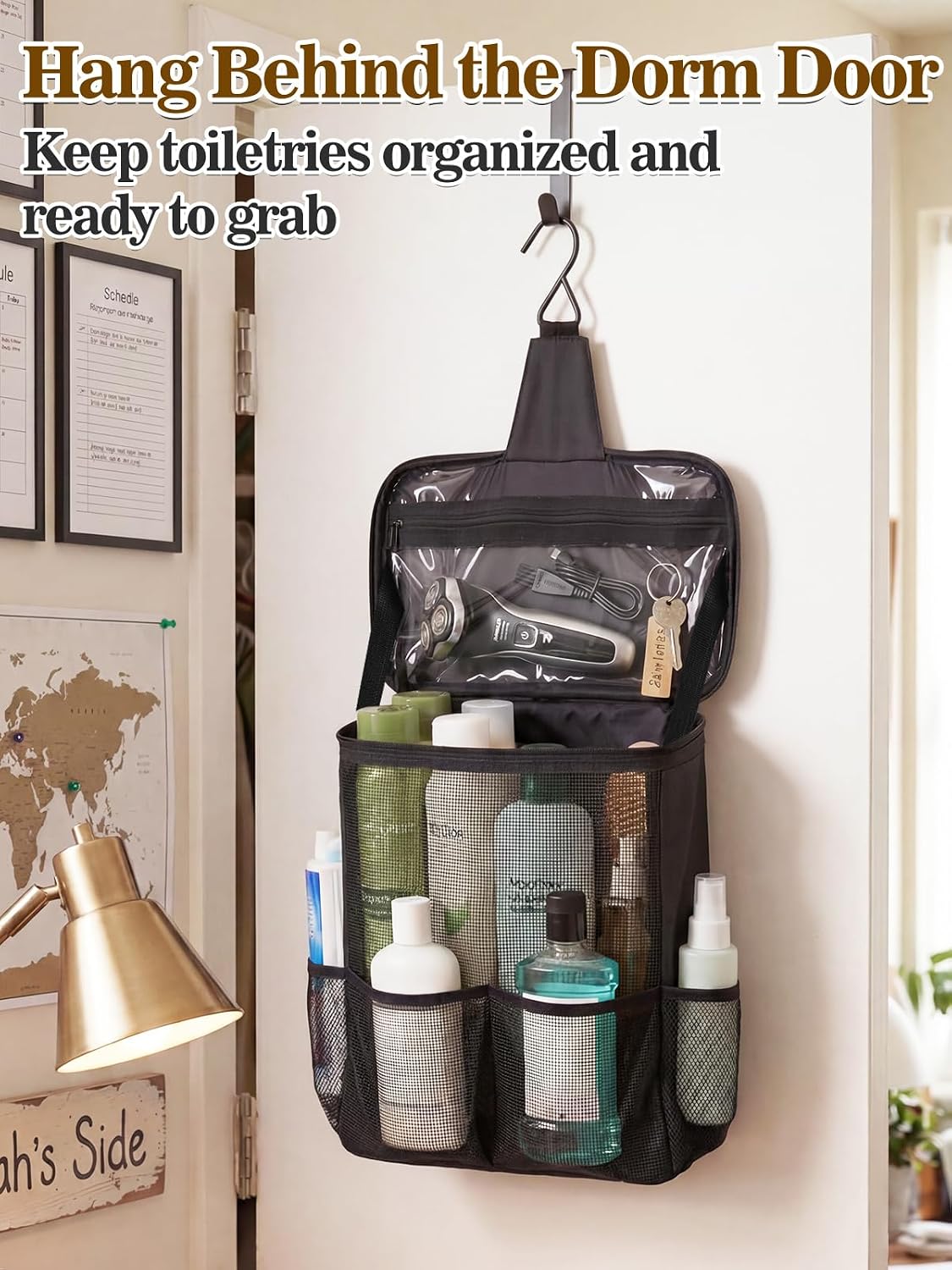 MADHOLLY Mesh Shower Caddy, Black, Portable for College Dorm | Spacious Quick Dry, Hook/Handle/PVC Phone Pocket, 5 Side Pockets, Hanging Bathroom Caddy, For Dorm Room/Camping/Gym