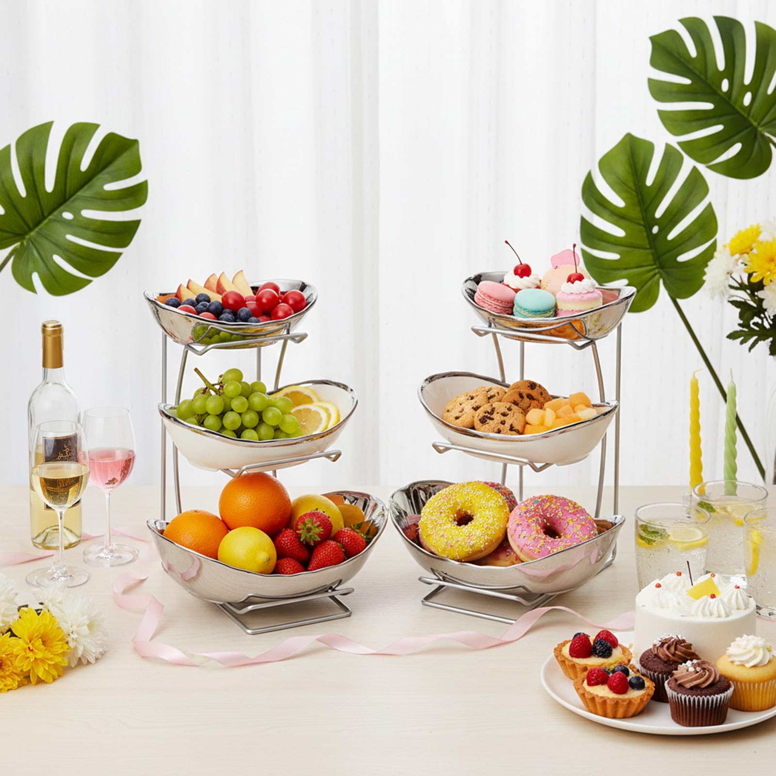 Goaste Corbeille à fruits ovale à 3 niveaux en céramique avec support en métal - Bols de cuisine en porcelaine pour le stockage des fruits, des légumes, des collations, des noix, des desserts