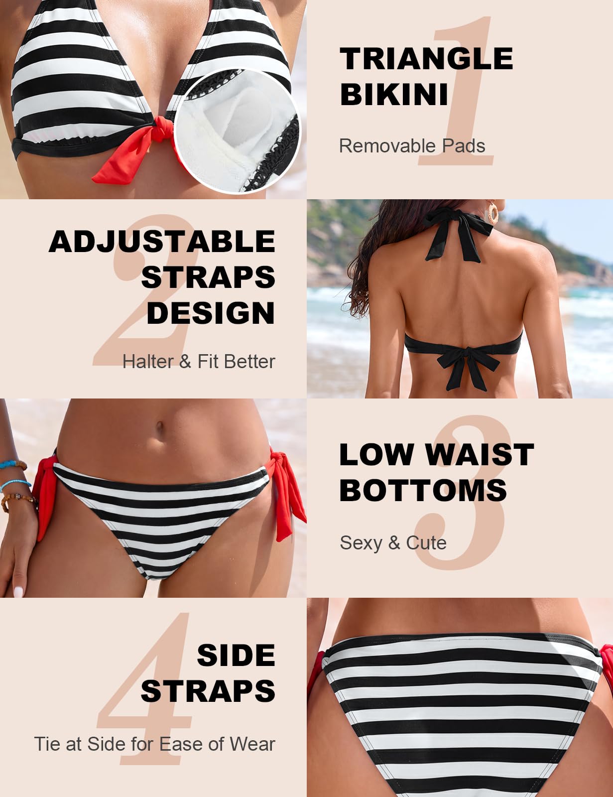 Voqeen Mujer Bikini Rayas Cabestro Traje de baño Acolchado Ropa de Playa de Dos Piezas