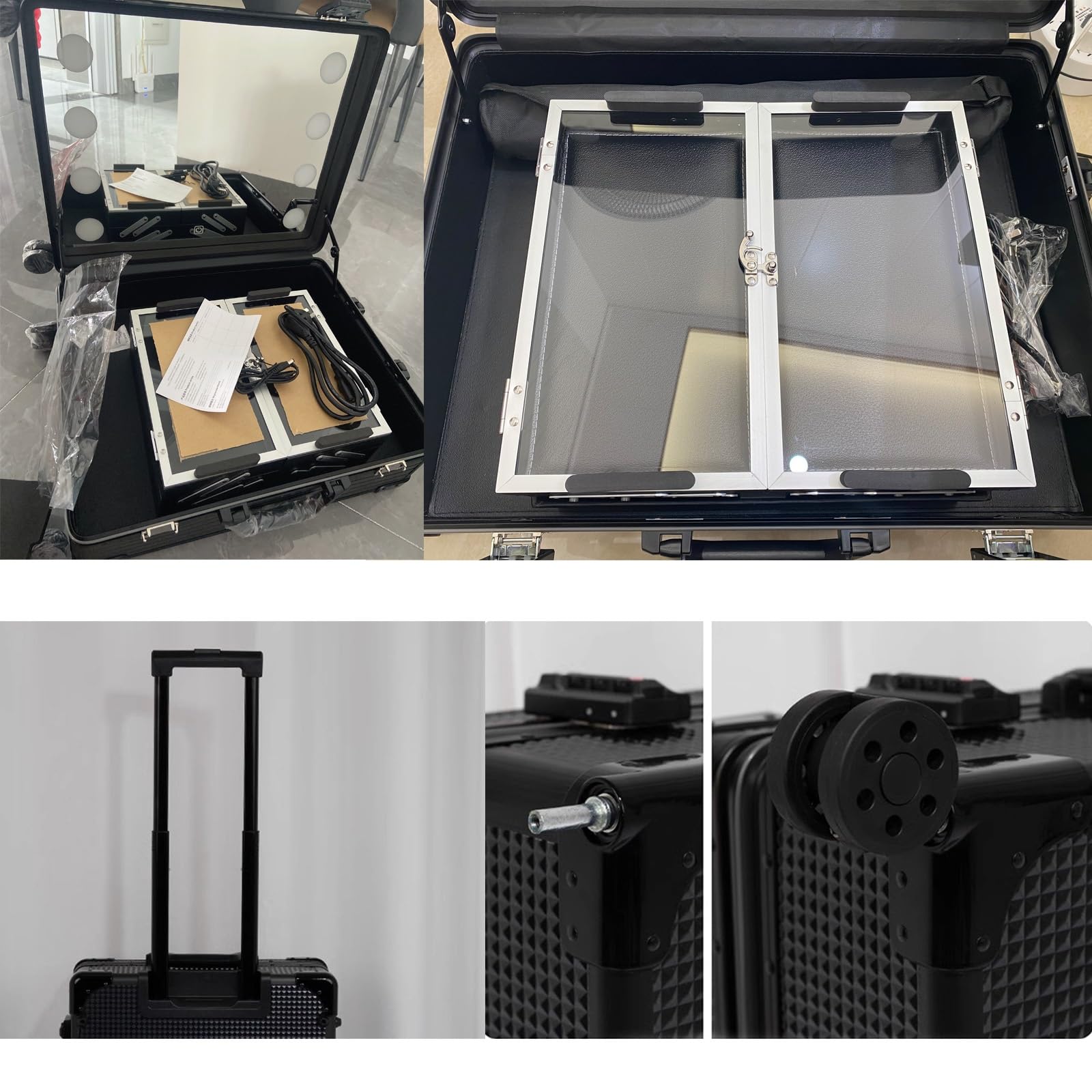 Generico Wózek kosmetyczny z kółkami, bardzo duży aluminiowy wózek ze zintegrowanymi diodami LED, profesjonalny organizer kosmetyków, studio ze stojakiem, podświetlana stacja do makijażu z kółkami,