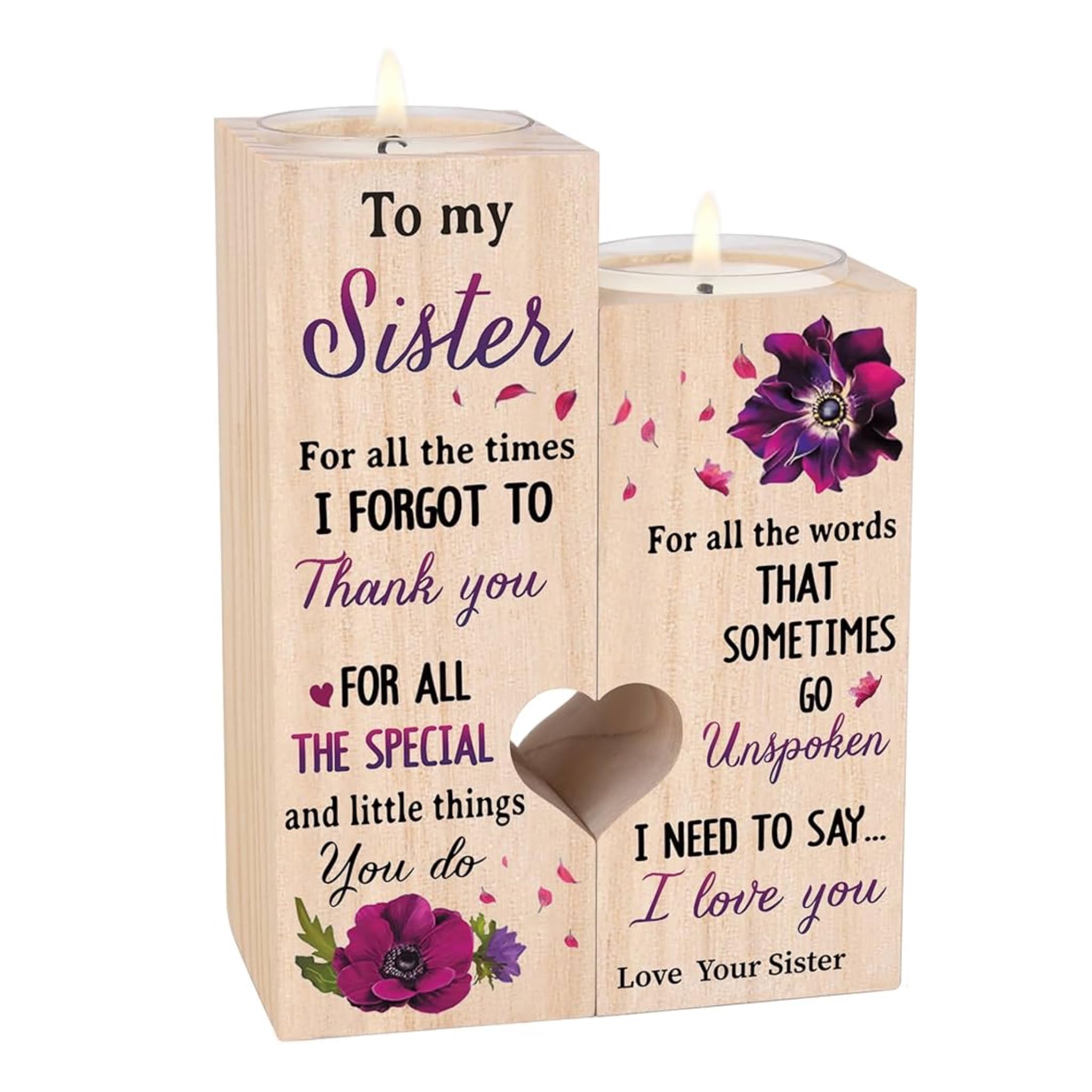 Eboutik Sister - Wooden Heart Shaped Tea Candle Holders - Decorative Candlestick Holder For Friendship Gift With Poem - Galentines Birthday Decor (Sister)