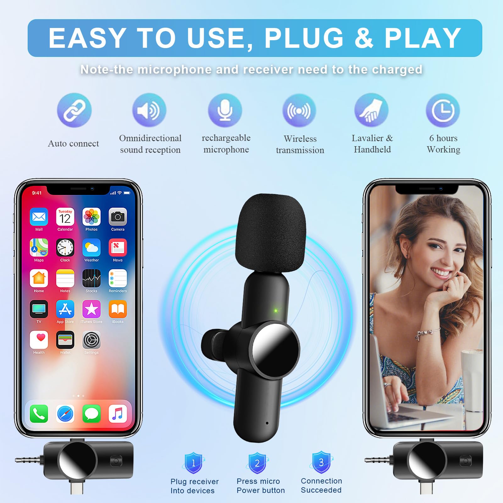 3-in-1 Kabelloses Lavalier-Mikrofon Set – Plug & Play Für IPhone, Android, Kamera – Mit Rauschunterdrückung, Bis 20m Reichweite – Perfekt Für Video, Streaming, Vlogs