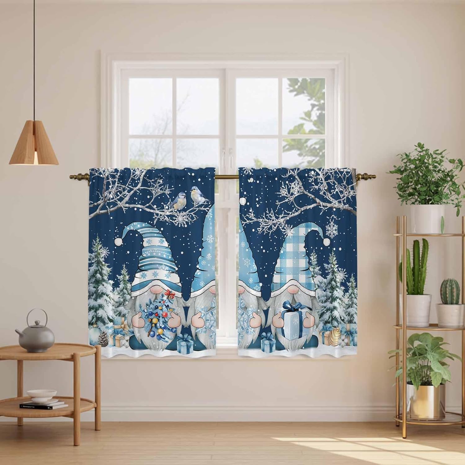 Navy Blue Gnomes Christmas Kitchen Curtains 45 Inch Long 2 Panel Set,Rod Pocket Window Treatment,Snowflake Xmas Tree Winter Branches Light Filtering Panels Short Drapes for Bathroom Camper 42"W x 45"L