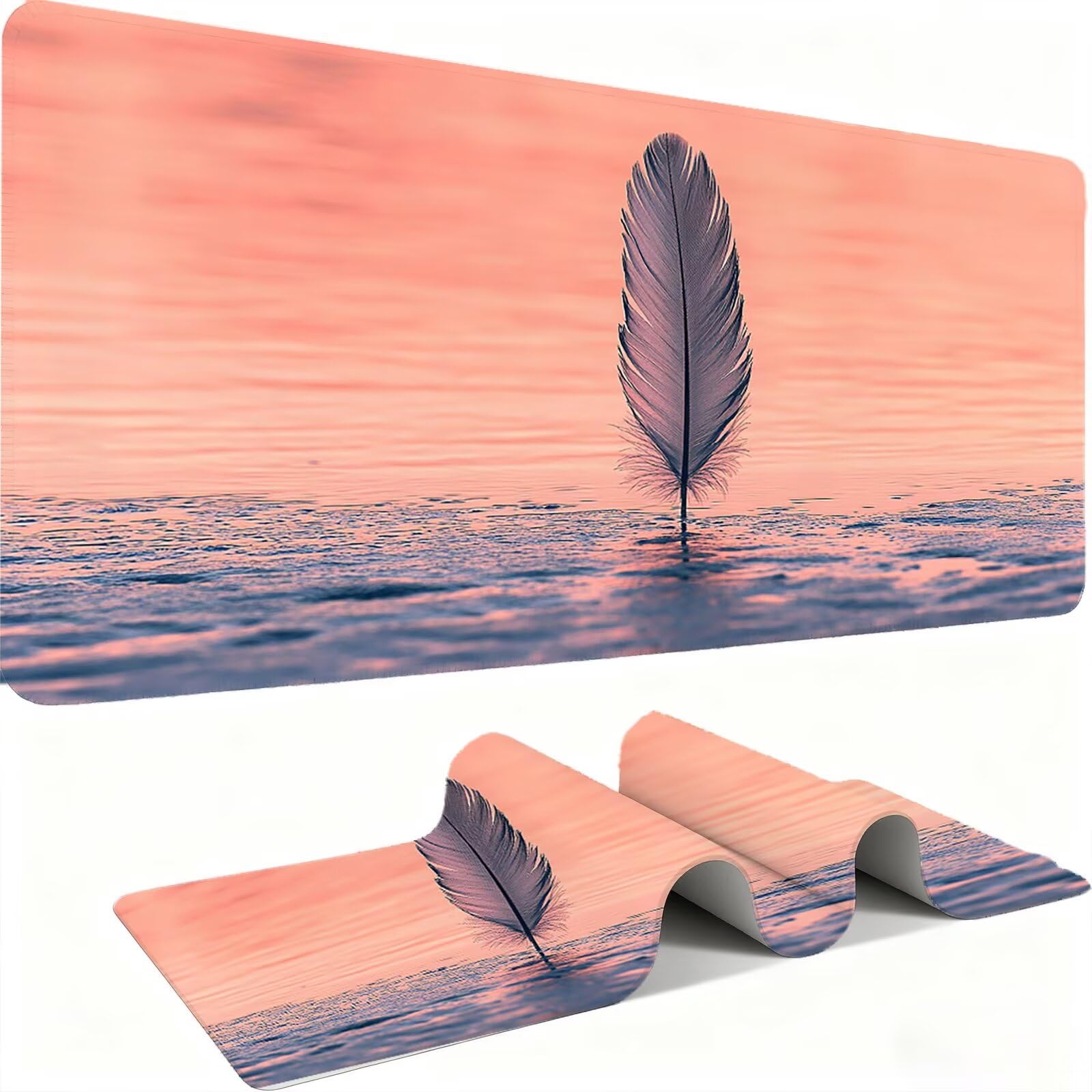 Podkładka pod mysz z piórami/piaskowa plaża XXL 1500 x 800 mm duża podkładka pod mysz szyte krawędzie wodoodporna antypoślizgowa duże rozszerzone akcesoria biurowe do komputera, przenośny poprawia