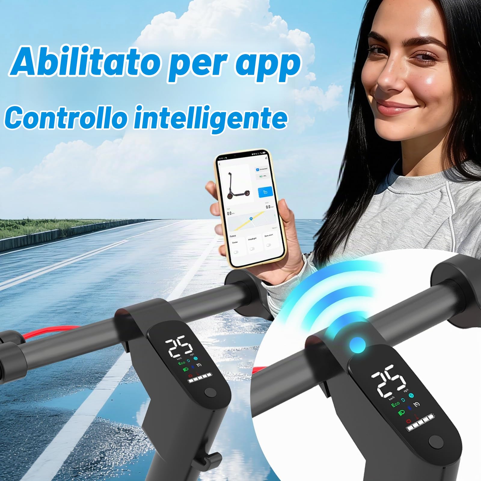 Monopattino Elettrico,Autonomia 30 km, Velocità max 25 km/h, Batteria 36V 10.4Ah, Doppi freni a disco con EABS, Pneumatici solidi 10", Monopattino da città, Controllo App, pendenza max 15%