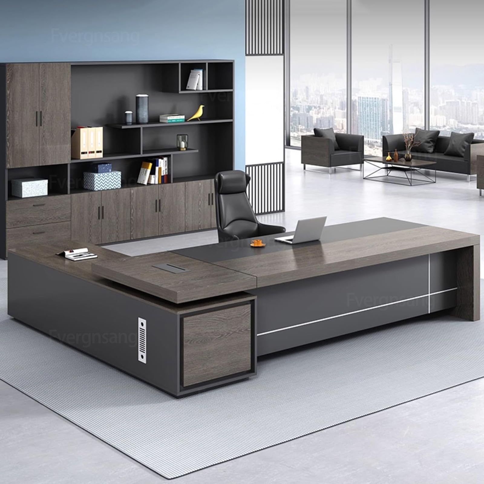 Modern L Shape Executive Desk, Office Executive Desk with Drawers, L-Shaped Large Computer, CEO Large Desk with Combination Lock and Double Side cabinets (Right, 102" L Single Cabinet)