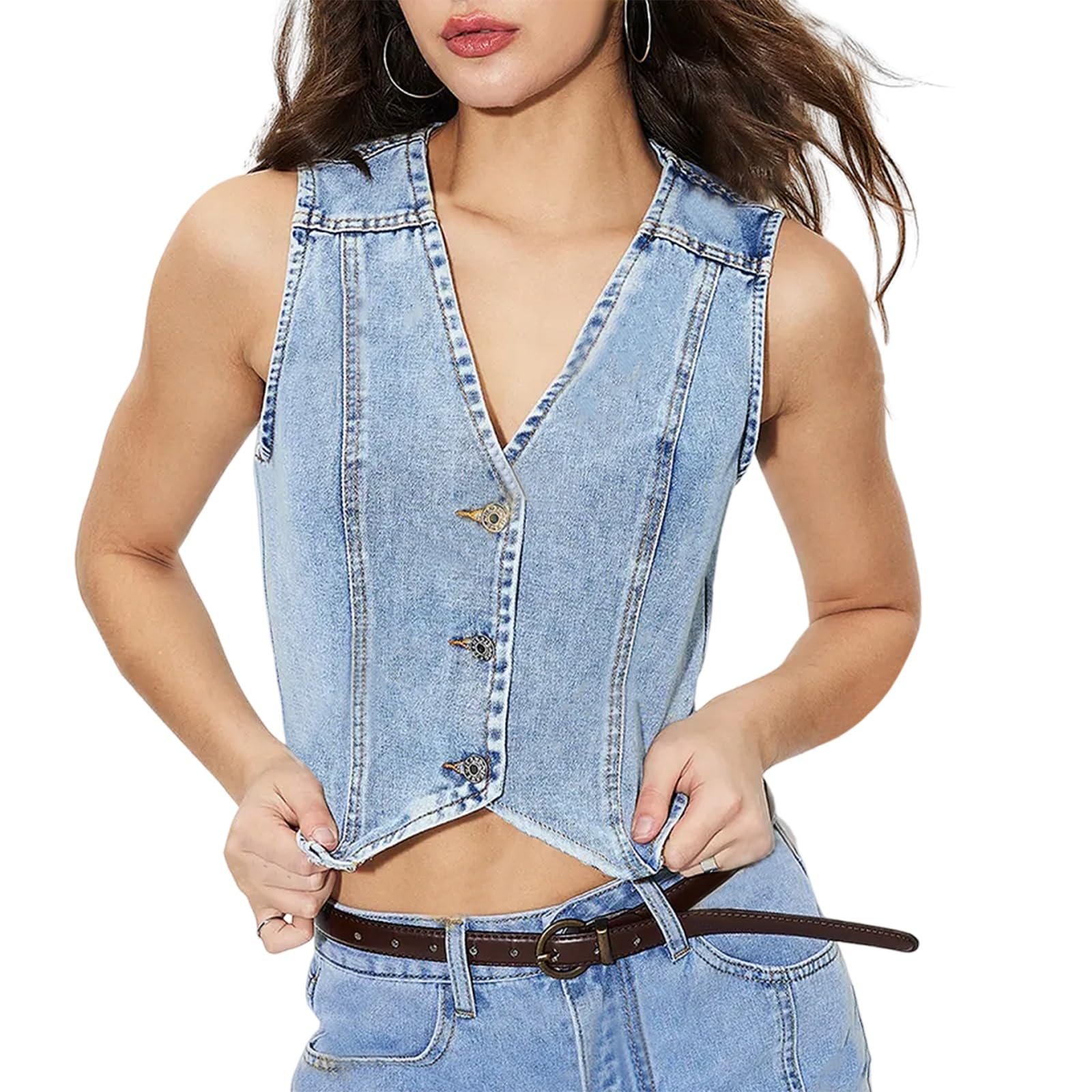 Felcia Women Summer Sleeveless Denim Waistcoat Sexy V Neck Button Down Denim Vest Casual Cropped Going Out Jean Tops (L-Light Blue, L)
