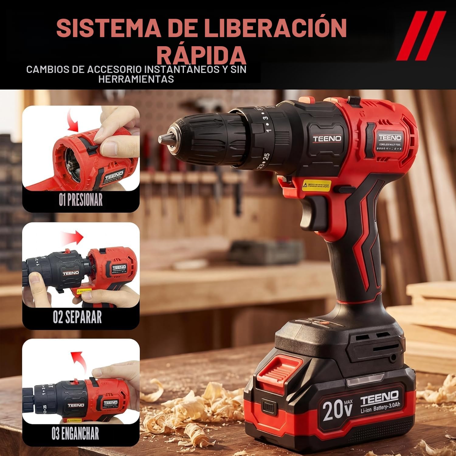 TEENO Kit de Herramientas Eléctricas de 20 V, Herramienta Inalámbrica 8 en 1 con Estuche, Taladro, Sierra de Sable, Sierra de Cadena, Llave de Impacto, Herramienta Oscilante (8-IN-1)