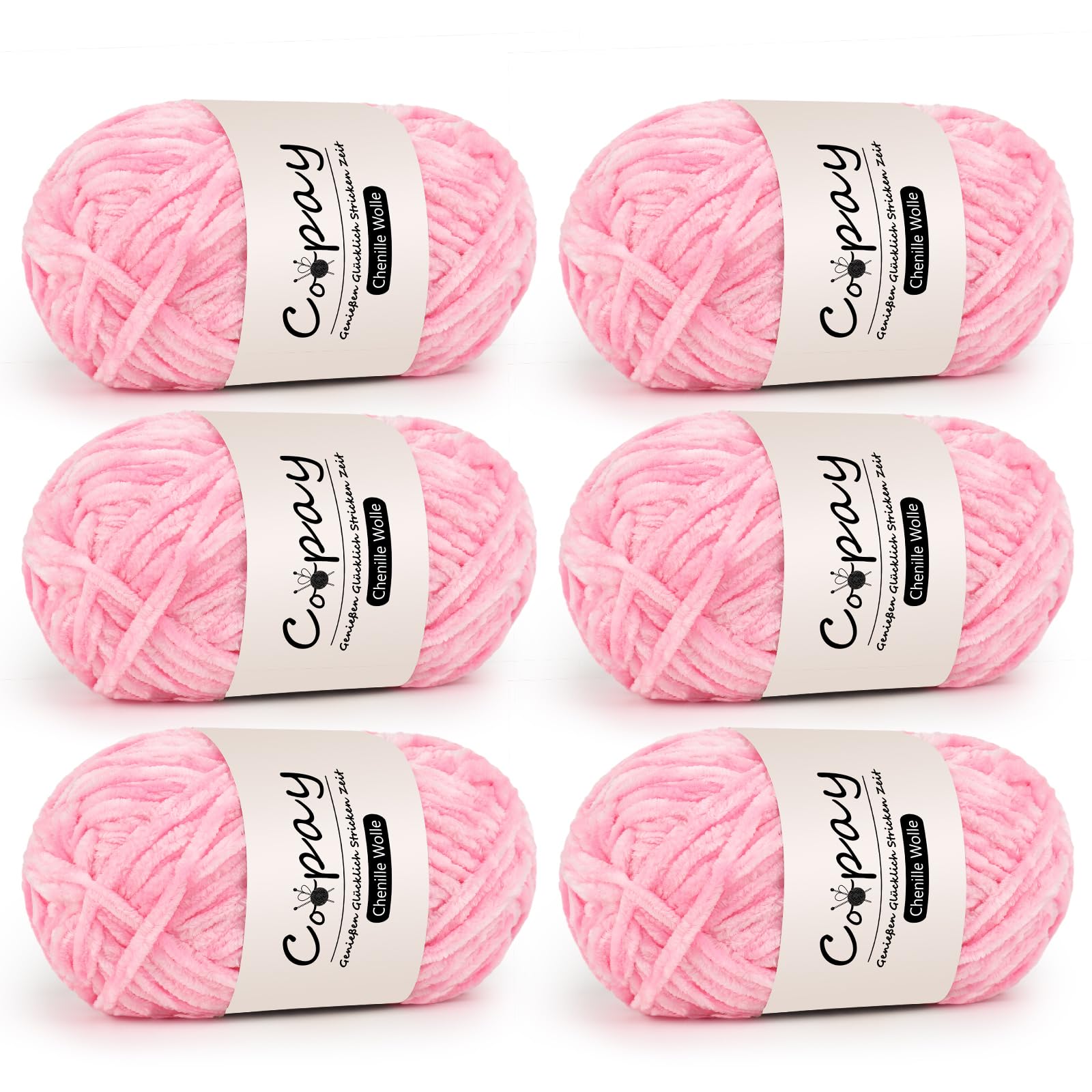 Coopay Chenille Wolle zum Häkeln, 6x100g Weiche Samtig Chenillegarn, Flauschige Dicke Wolle zum Stricken, Warme Plüschwolle Häkelgarn für Decken, Schals, Mützen