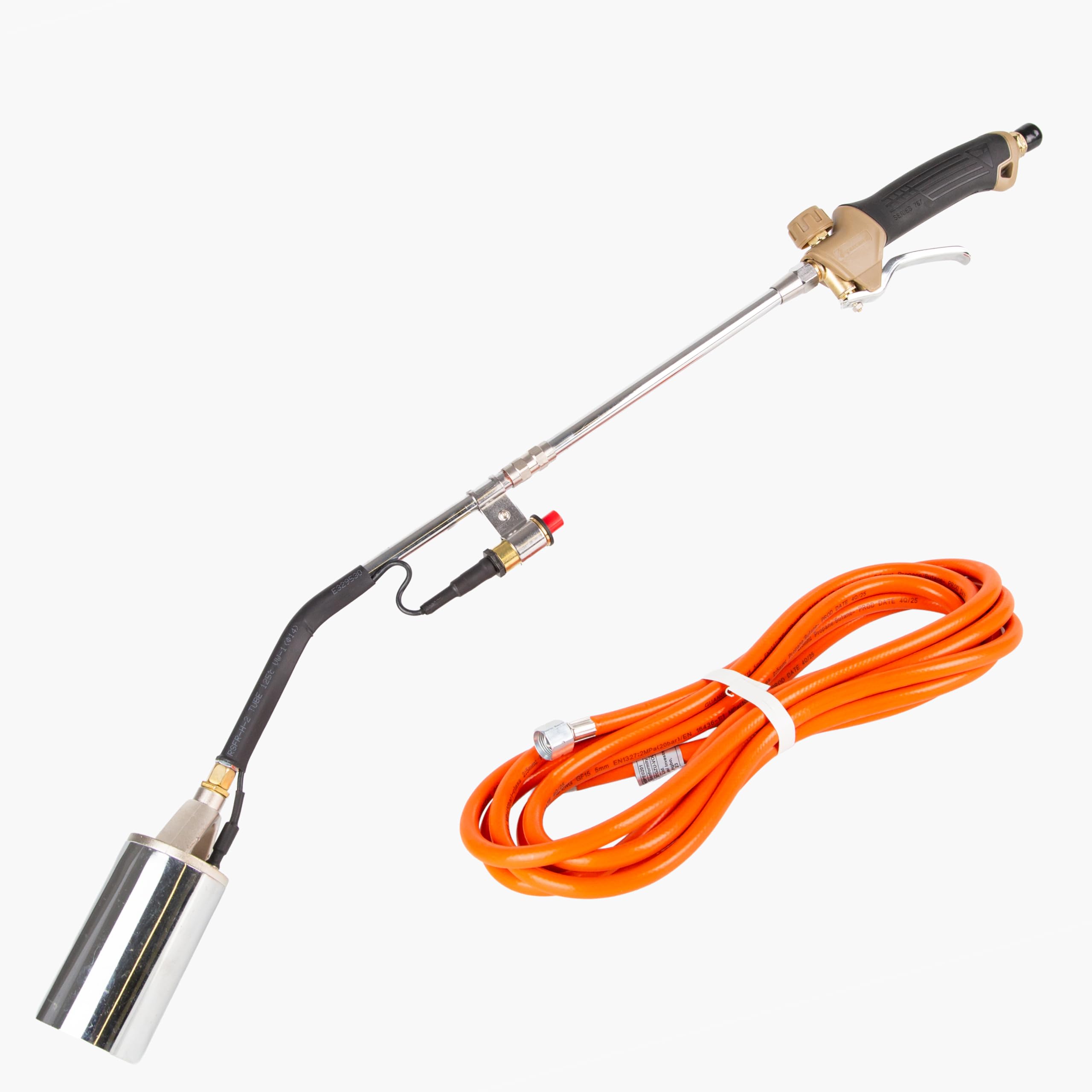 Gazcamp PQ855 PZ Profi-Abflammgerät, 2-teilig mit Piezo-Zündung, 60mm Brennerkopf, 92cm Länge, 5m Propangasschlauch, für Dacharbeiten und Unkrautentfernung