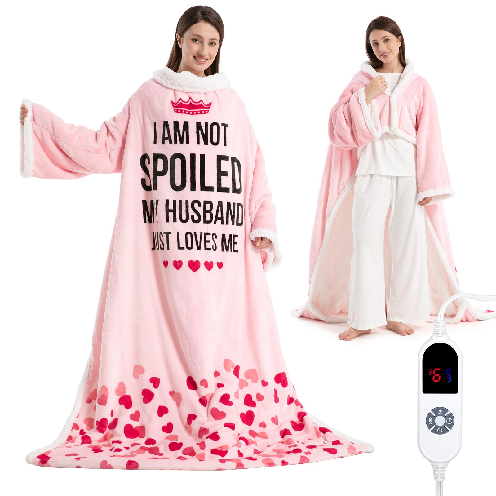 wearable heated blanket for women, unique christmas birthday gift for wife, electric throw blanket with sleeves, foot pocket, heated robe for mom, 3 heat-level & timer, etl safe, spoiled wife, pink