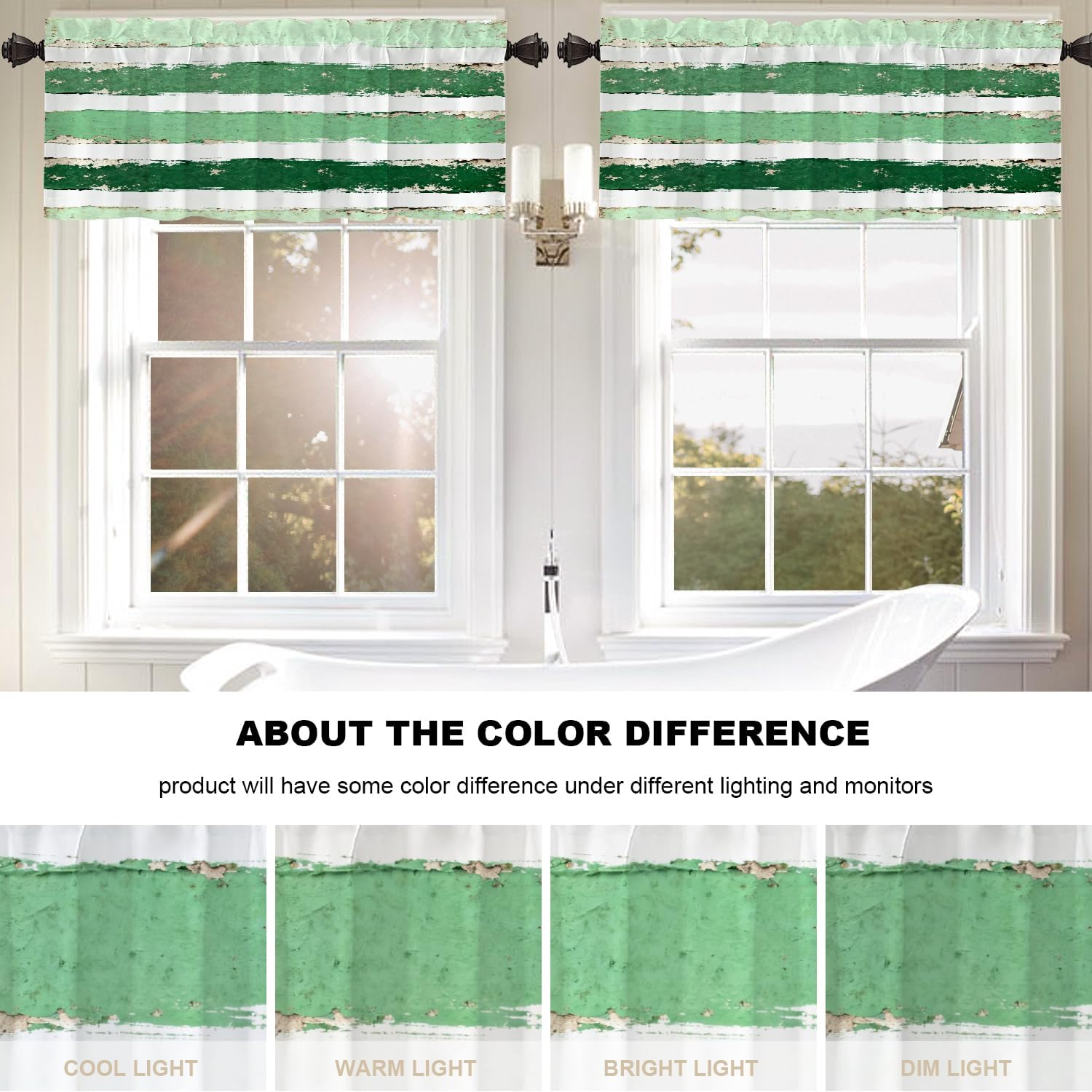 Apple Green Brushstrokes Blackout Kitchen Curtains,Apple Green with White Stripe Short Curtains for Windows Insulated Thermal Bathroom Window Curtain 1 Pack 52X18 Inches