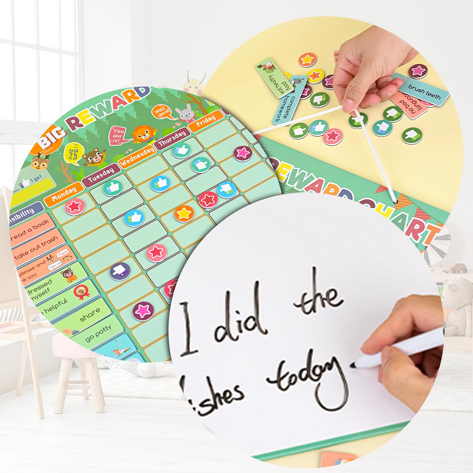 Lavagna magnetica per ricompensa per bambini, lavagna magnetica con 15 compiti e 70 magneti a stella e 70 pollici di altezza, lavagna premiata per bambini, Family Plan, Montessori Lavagna