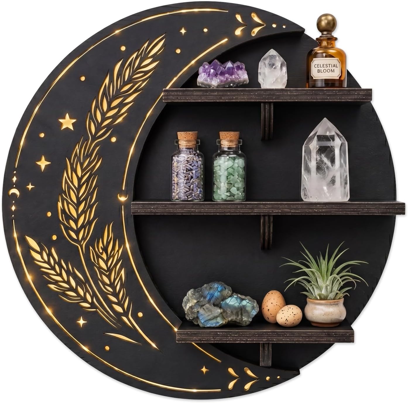 Wall Shelf, Crescent Moon Shelf, Crystal Display Shelf with LED Light-3 Lighting Modes, Trinket Shelf for Collectibles, Essential Oil and Perfume, Whimsical Aesthetic home Decor, Floating Shelf- 11.8"