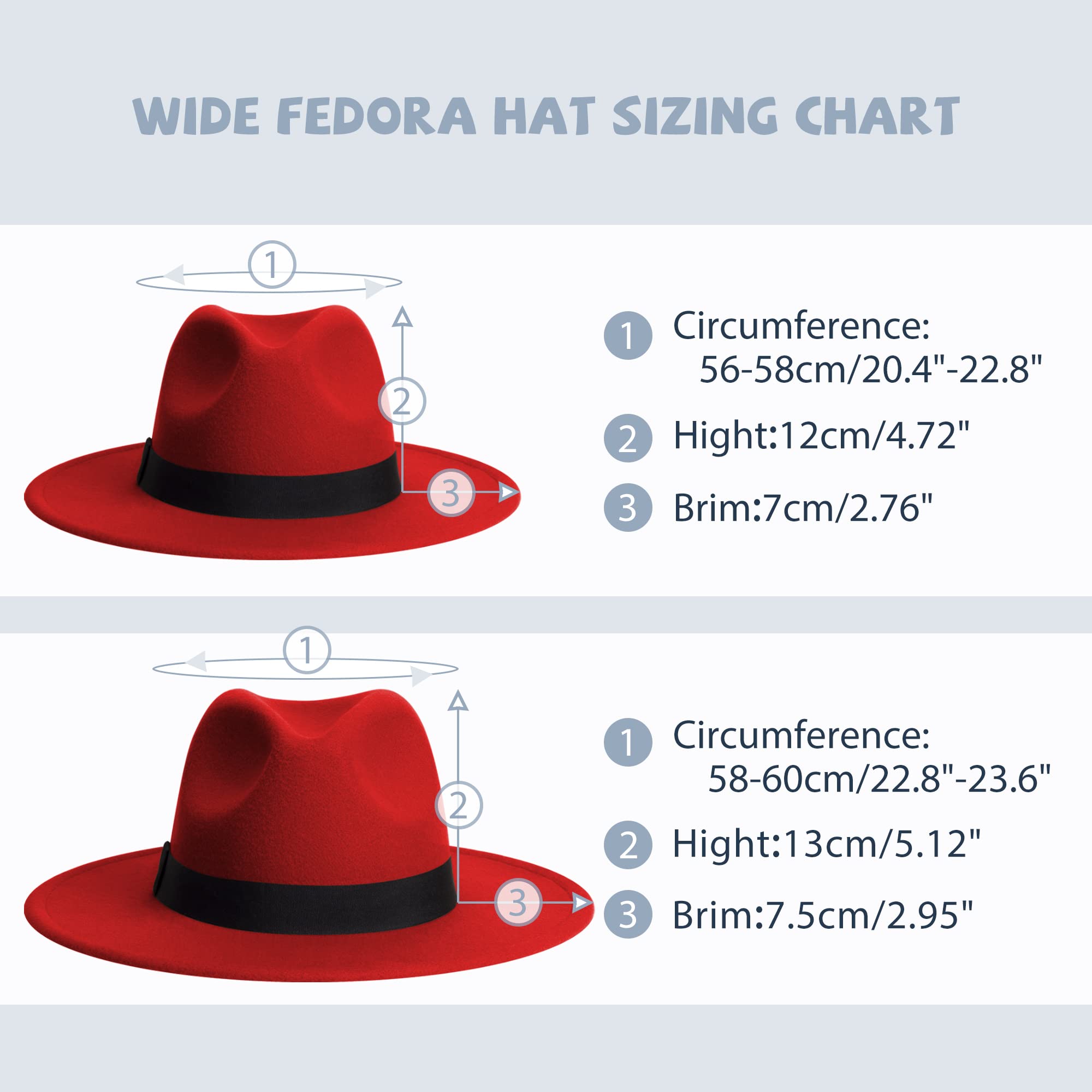 SAJUZEN Womens & Mens Fedora Hats, Wide Brim Fedora Hats for Women Men: R-red/Black Small-Medium