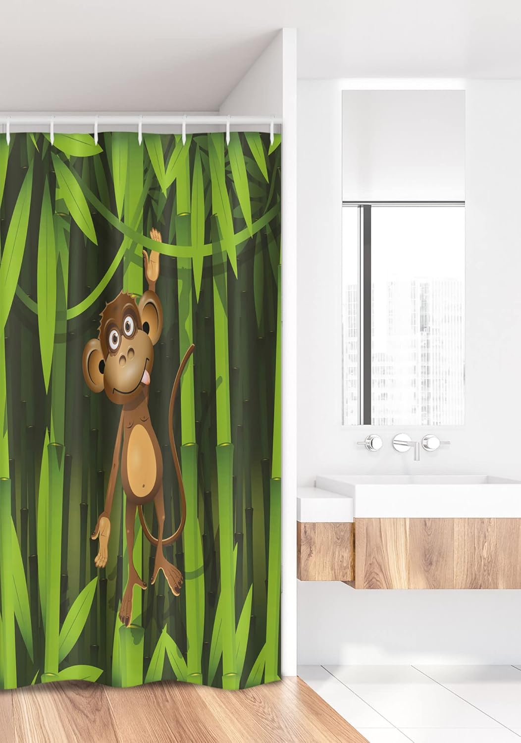 Ambesonne Jungle Stall Shower Curtain, Wildlife Theme Illustration of a Monkey in The Woodland Print, Fabric Bathroom Decor Set with Hooks, 36" W x 72" L, Brown and Fern Green