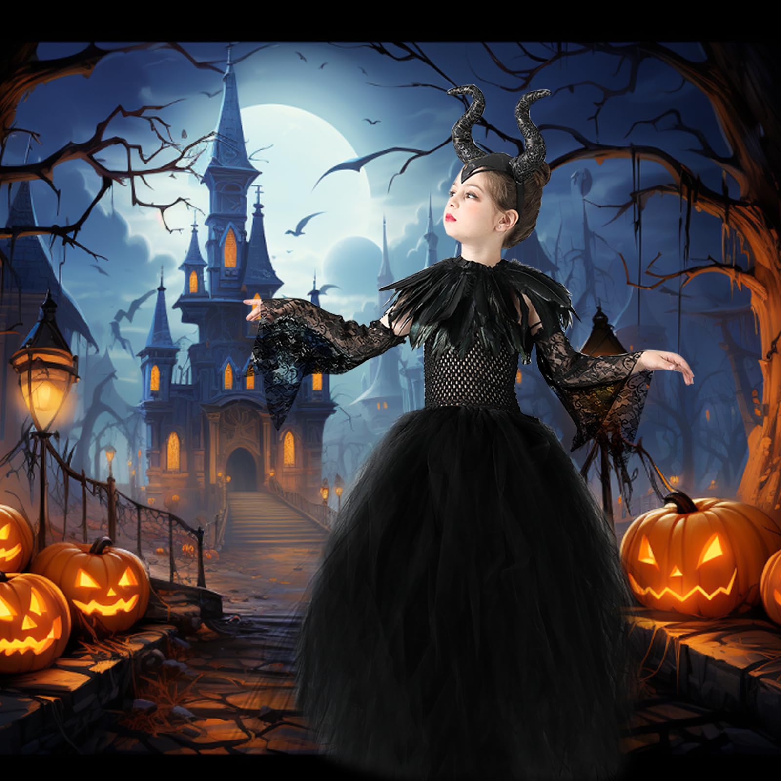 Disfraz de Malefica para Niña de Halloween: Reina Bruja Malvada Vestido Maléfica para Niños con Tocado de Cuernos y Capa de Alas Negras para Halloween Carnaval Cosplay Fiesta Traje