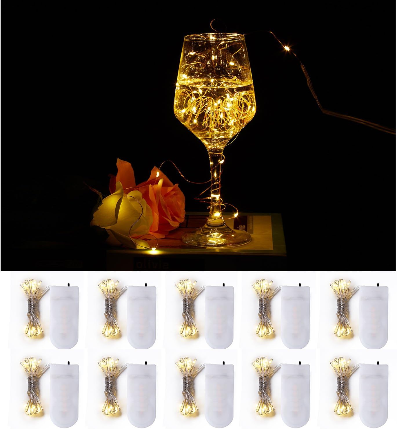 JIDI Set of 10PCS Micro LED String Lights Super Bright Warm White Firefly Lights 7.2ft/2.2m 20LEDS Fairy String Lights Battery Powered Silver Wire Moon Light for DIY Wedding Centerpiece Decorations