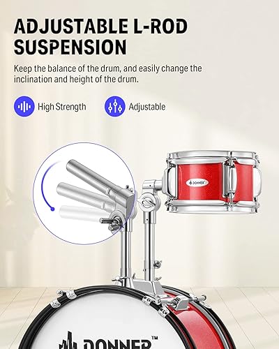 Miniatura 4 de Donner - Juego de batería infantil de 5 piezas para principiantes, kit de batería junior de 14 pulgadas, con trono ajustable, platillo, Hi-Hat, Rojo