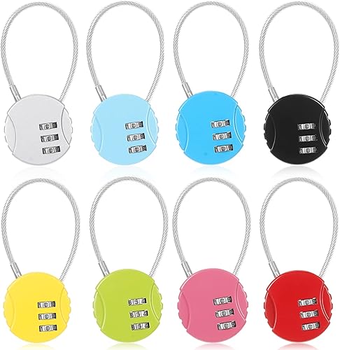 Moxweyeni Paquete de 8 candados de combinación de 3 dígitos pequeños combinados para equipaje, candado de cable para exteriores, impermeable,