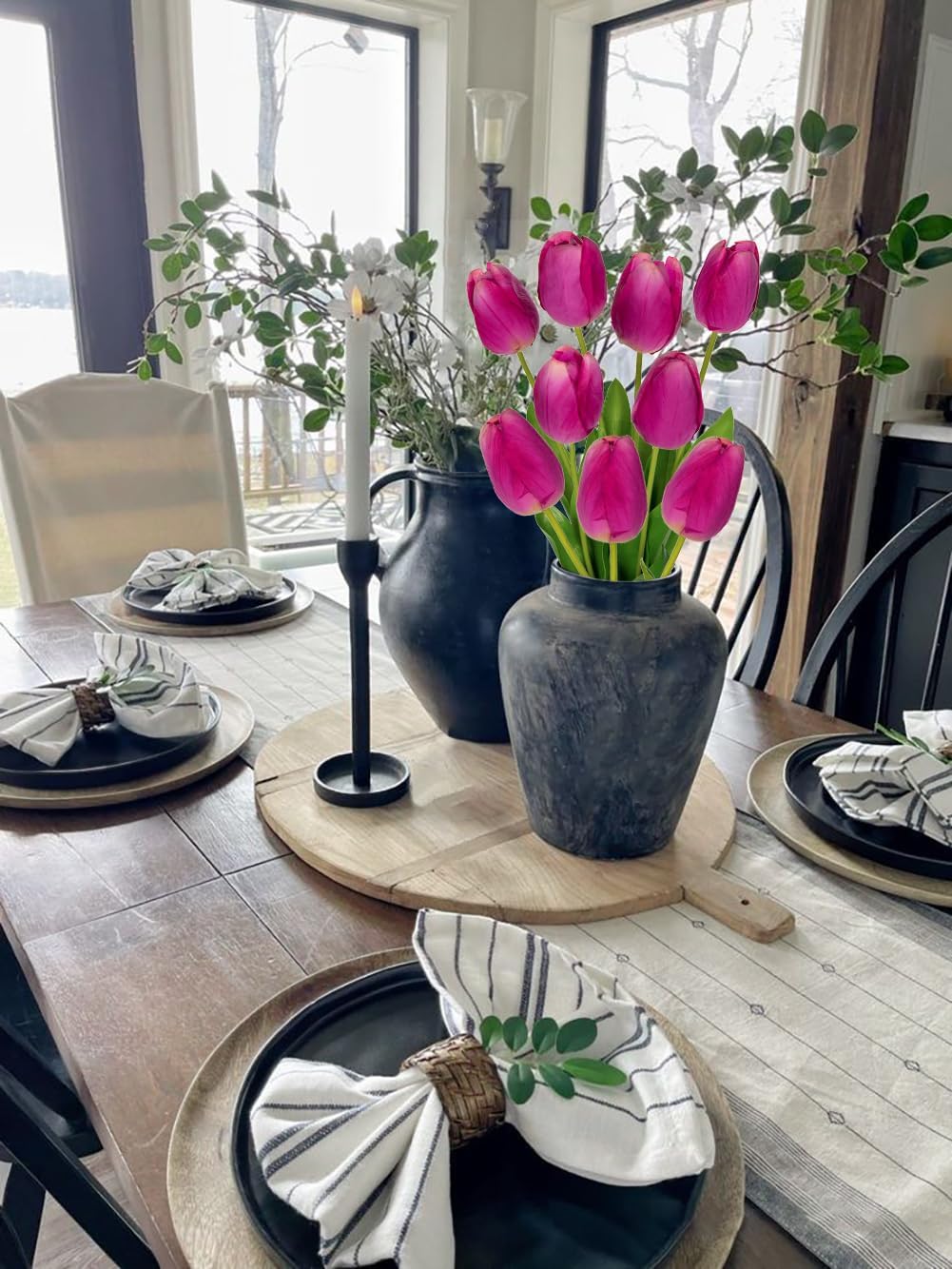 6PCS 23" Fake Tulip Flowers Artificial Fuchsia Tulips Long Stem Faux Flower, Silk Flower Décor for Floral Arrangement Home Farmhouse Wedding Decoration