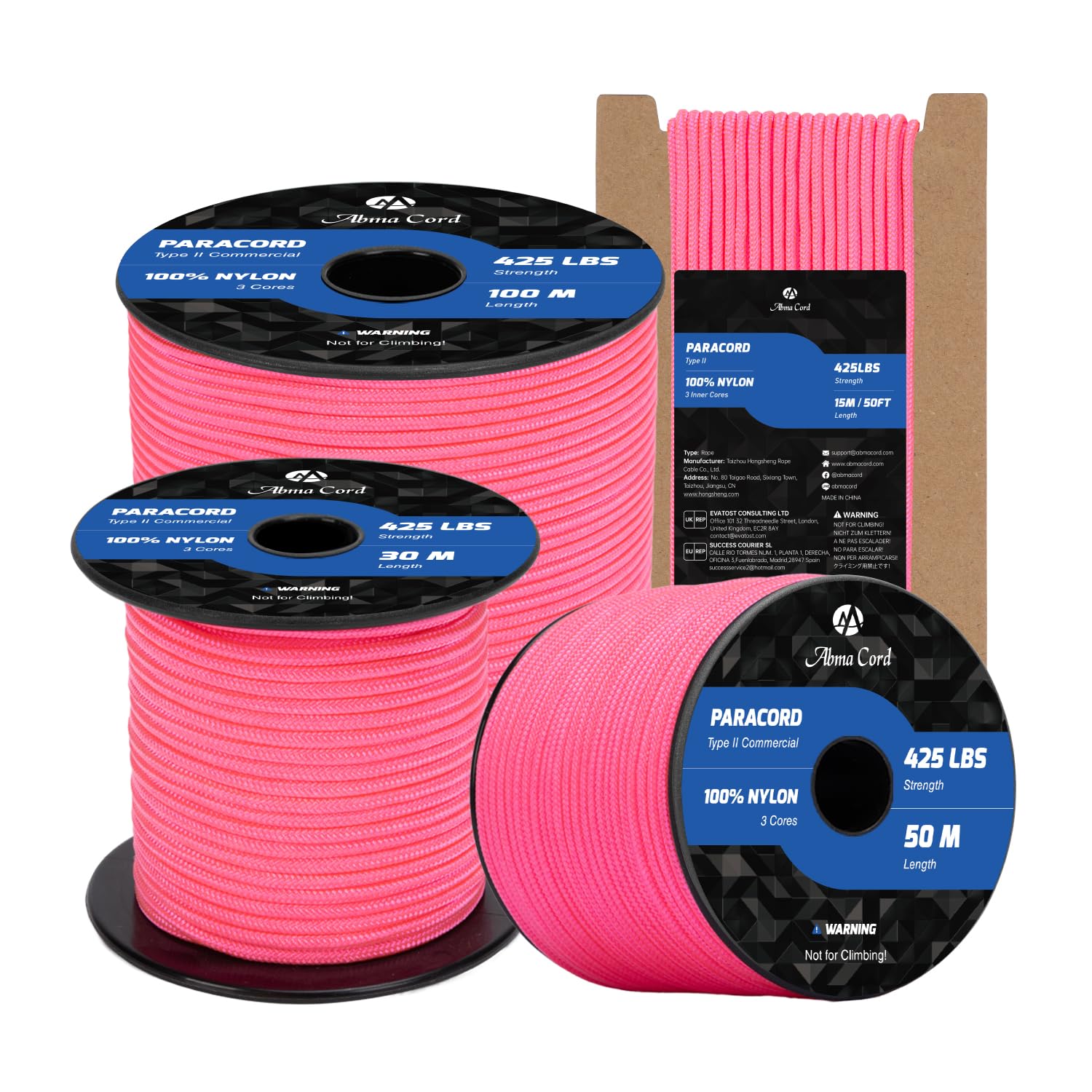 Abma Cord Paracord 3mm 100m 100% Nylon Rope Type II 3 Strands Parachute Cord - Max. 192kg (425lbs) - Neon Pink