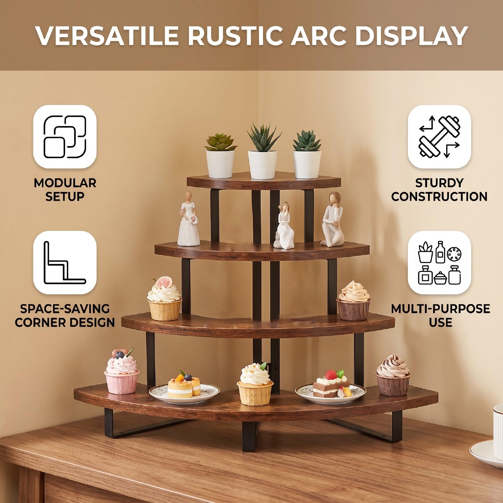 Bewinner Curved 4 Tier Wooden Display Riser per Home Decor