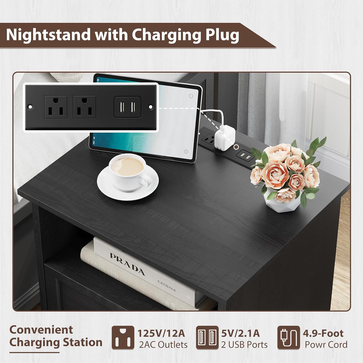 Black Night Stand with Charging Station, Farmhouse Bedside Table & End Table with 2 Drawers and Unique Base Design, Wood Nightstand with Metal Handles for Bedroom, Living Room