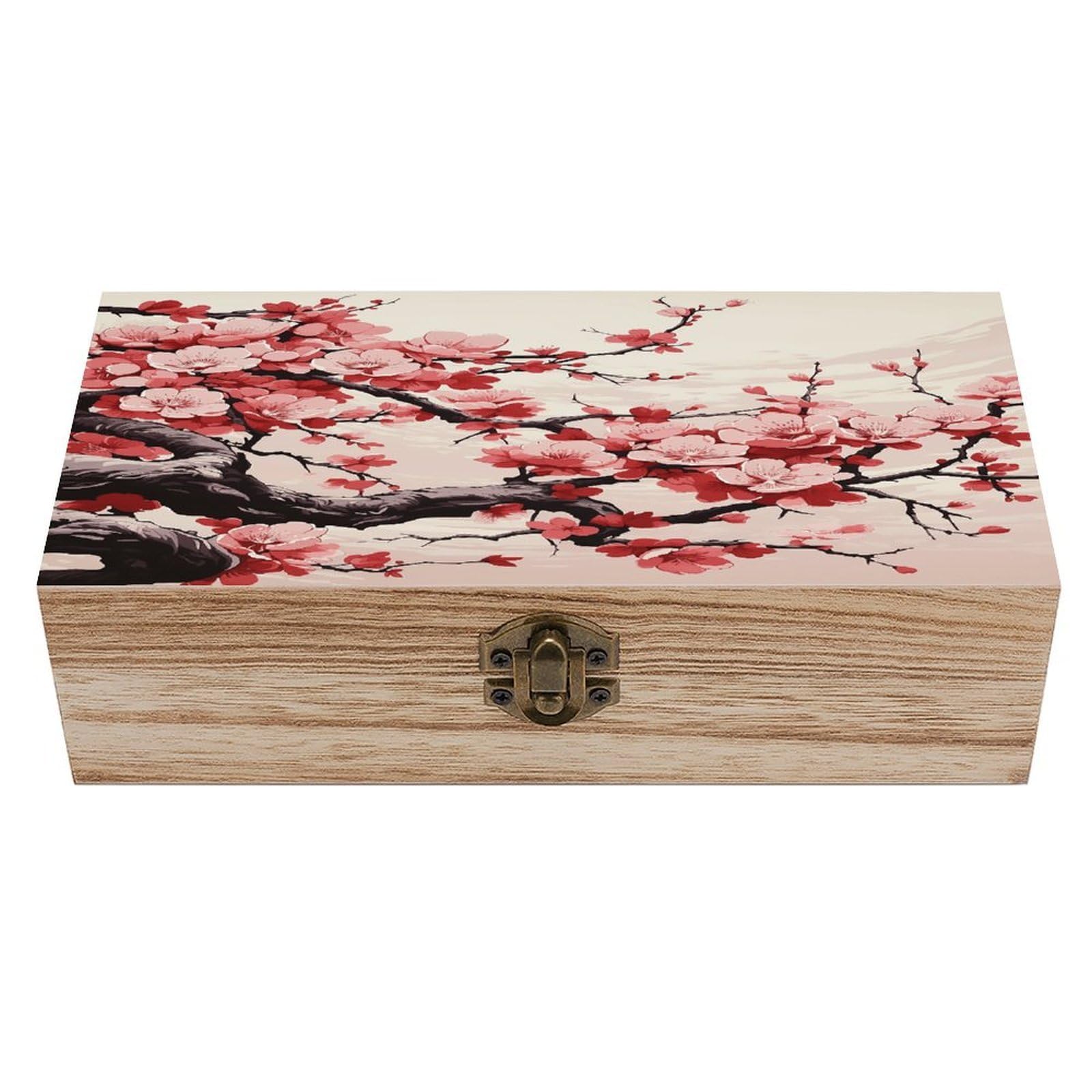 VstaDank Japanese Floral Cherry Blossom Wooden Storage Box Wooden Keepsake Box with Hinged Lid Exquisite Solid Wood Decorative Jewelry Case Memory Box for Jewelry Photos Letters Crafts Trinkets