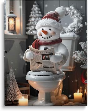 Funny Christmas Bathroom Canvas Wall Art Decor - Snowman Reading Newspaper on Toilet with Festive Decor, 8X10 inch Holiday Humor for Bathroom, Unique Christmas Canvas Art Gift for Friends and Family