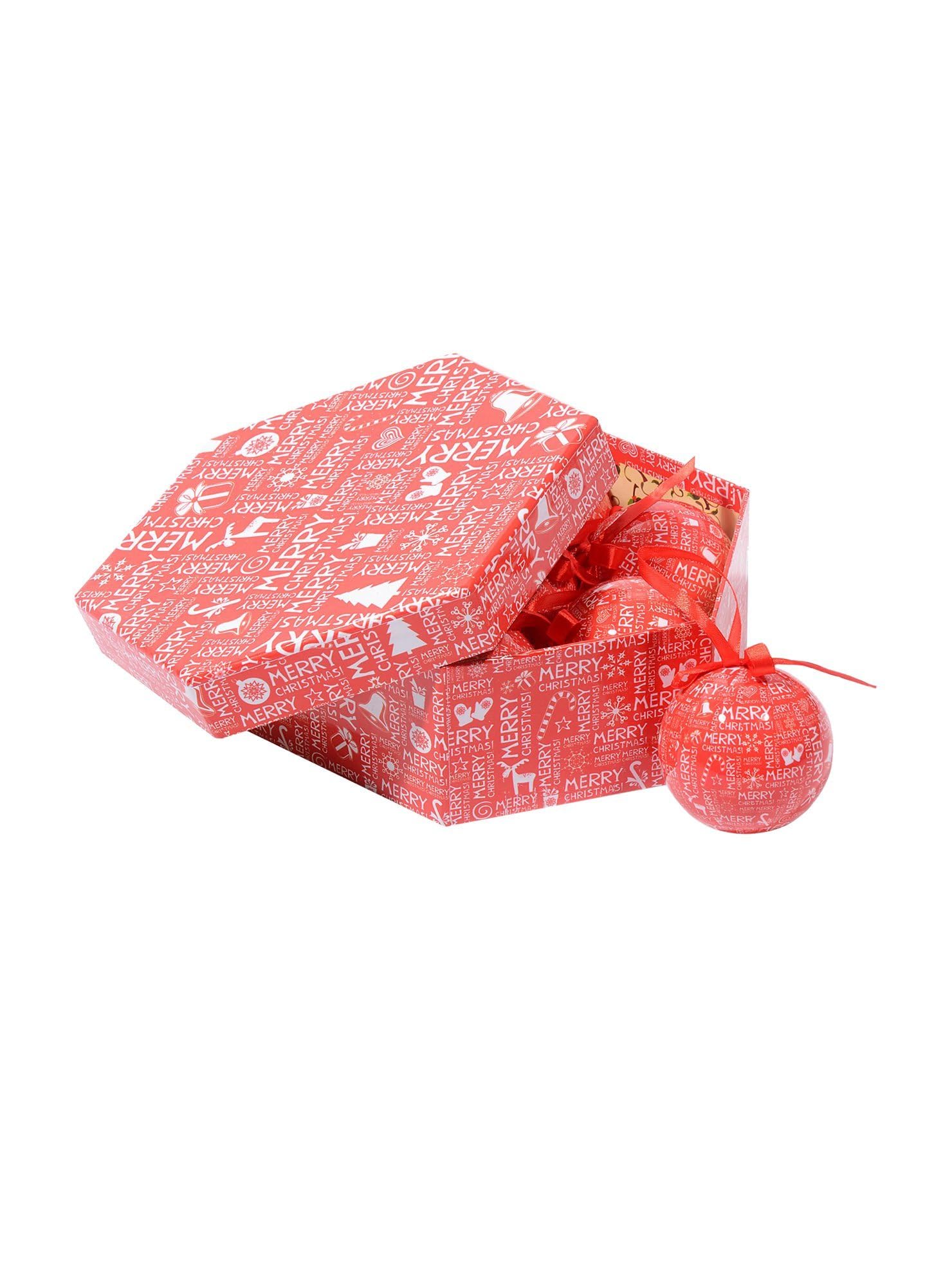 Dmora Boîte 7 boules de Noel, fantaisie écrite, ensemble assortiment de boules de Noel, boîte d’arbre de Noel hexagonal, diamètre 7,5cm, rouge et blanc