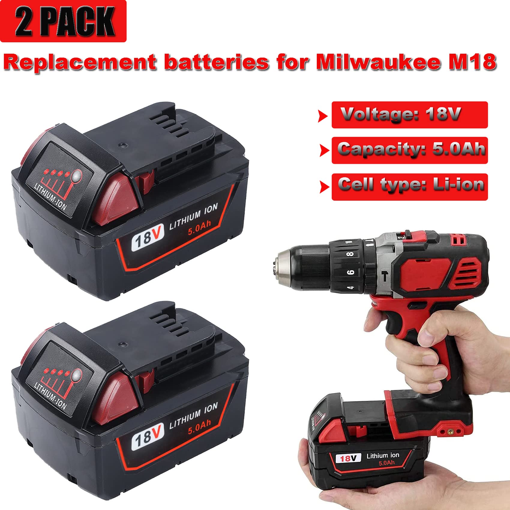 UTRBATT 6.0AH Replacement Battery For Milwaukee M18 – Compatible With 18V Lithium Cordless Tools (48-11-1815, 1820, 1828, 1850) – 2-Pack