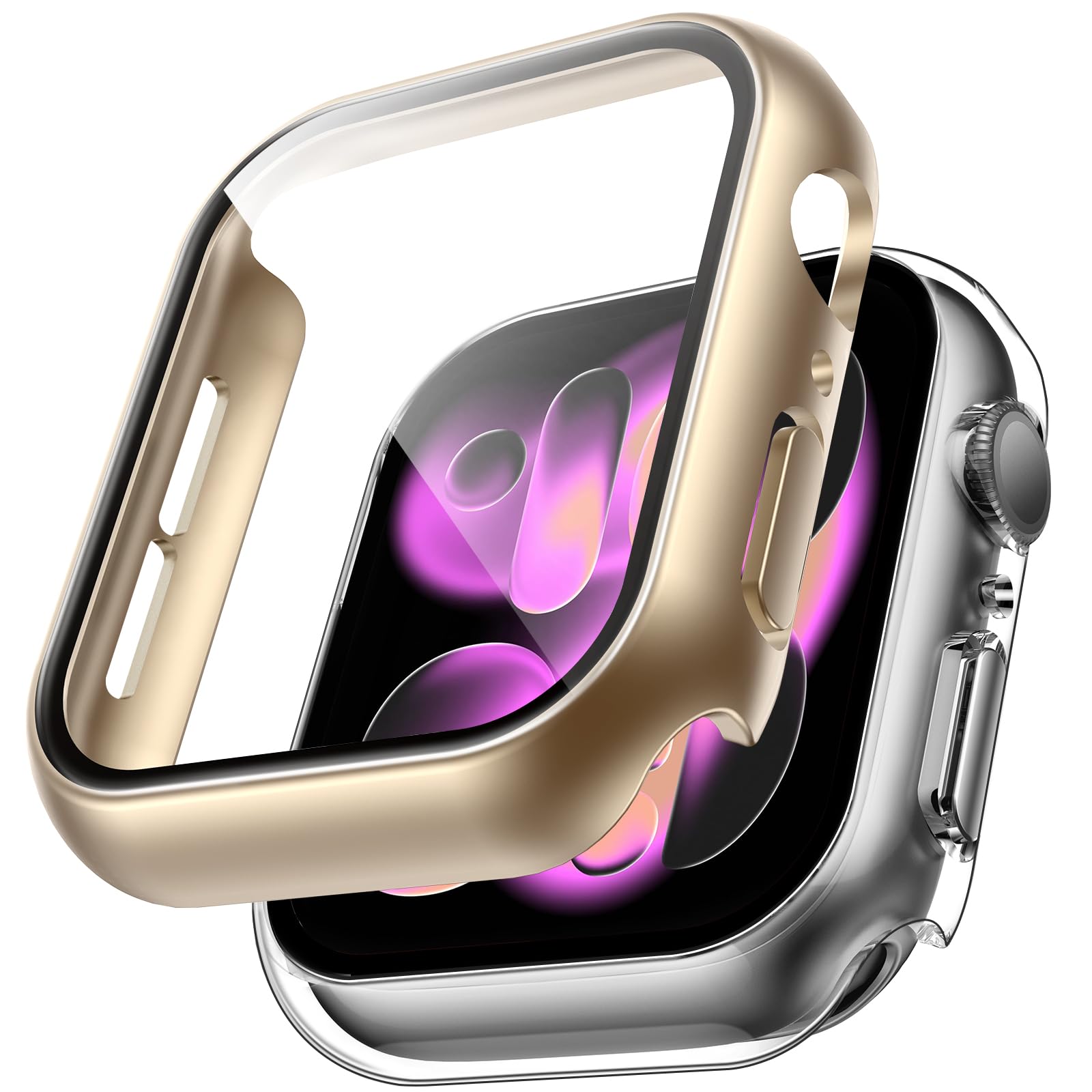TAURI 2 Pezzi Cover PC Compatibile con Apple Watch Series 11/10 42mm, 9H in Vetro Temperato,[Tocco Sensibile][HD Clear] Sottile Rigida Custodia per iWatch 42mm - Trasparente+Champagne