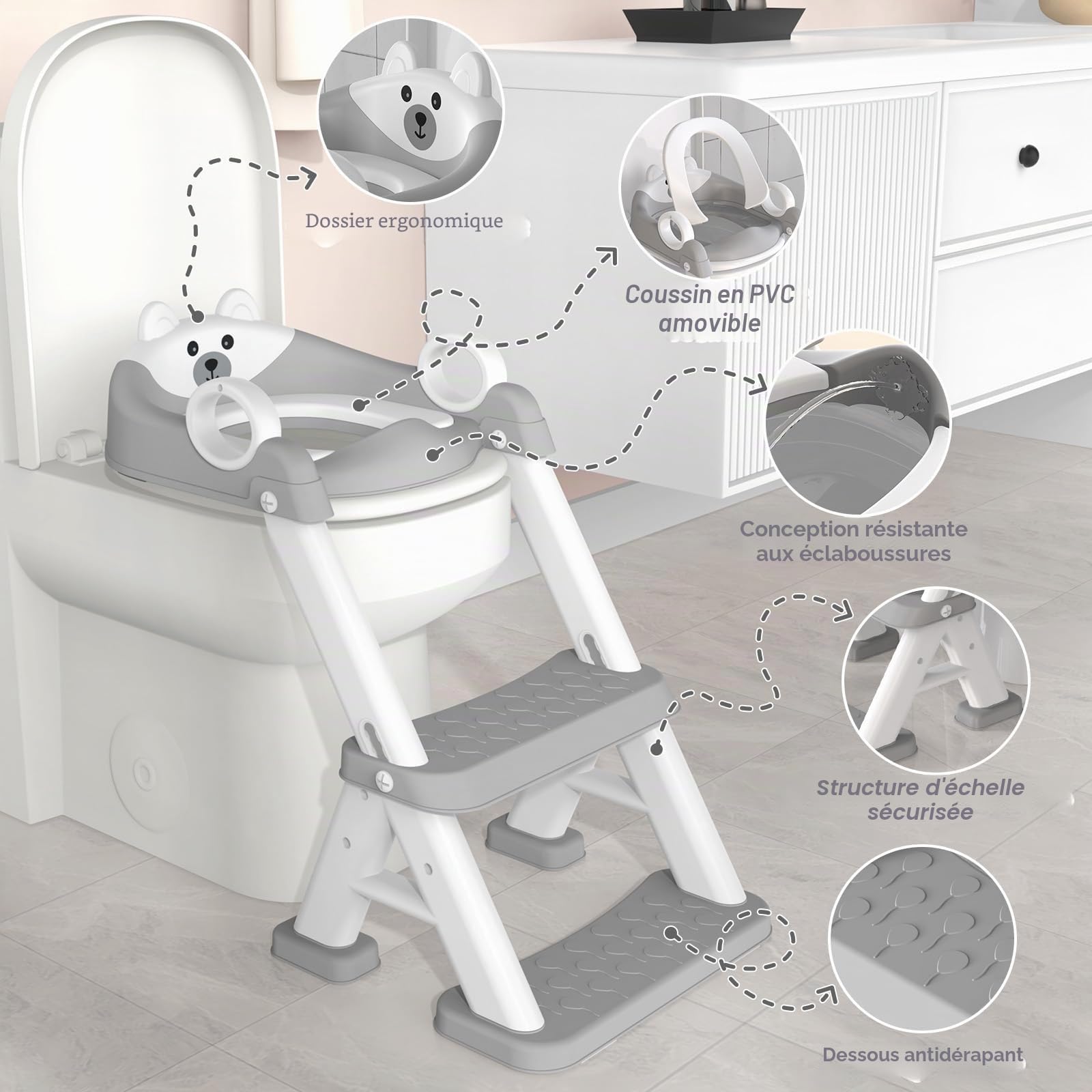 Reducteur Toilette Enfant, 2 en 1 Rehausseur Toilette Enfant pour Garçons et Filles, Siège de Toilette Enfants avec Escalier Pédale Allongée et Coussin, Abattant WC Antidérapant Échelle Réducteur Gris