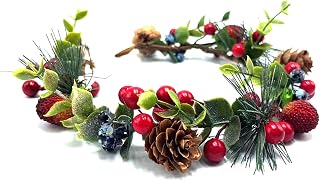 Flower Crown, Hand Made Polyester Hairband, Christmas Style with Red Berries, Pine Cone, Leaf, for Female, Weddings, Parties, Festivals