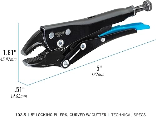 Miniatura 2 de Channellock 102-5 Alicates de bloqueo de mandíbula curvada de 5 pulgadas con cortador, revestimiento de resina epoxi, acero forjado, mordaza curva