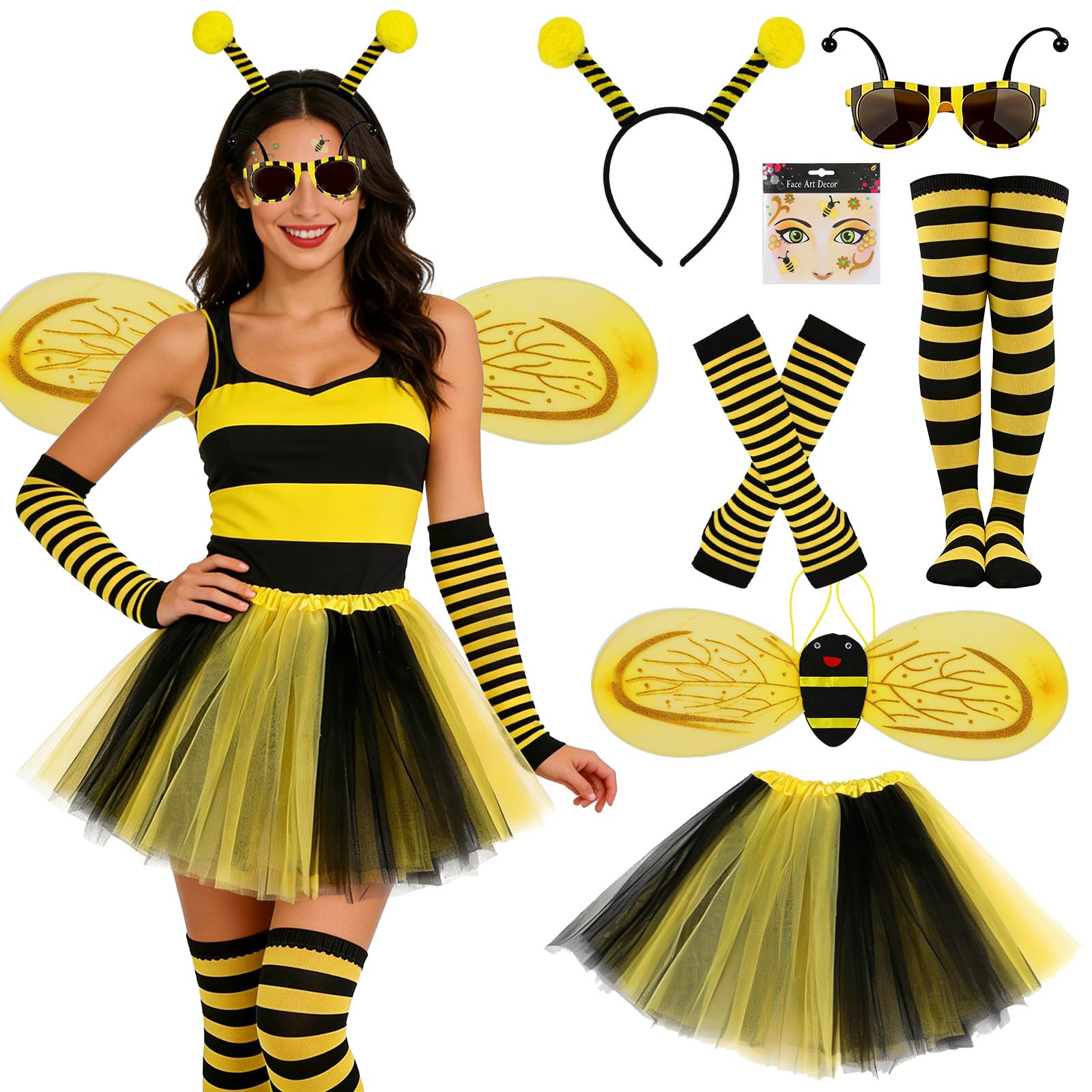 ILLOMEEGOOS 7Pcs Bee Costume Women Adult Animal Fancy Dress Set
