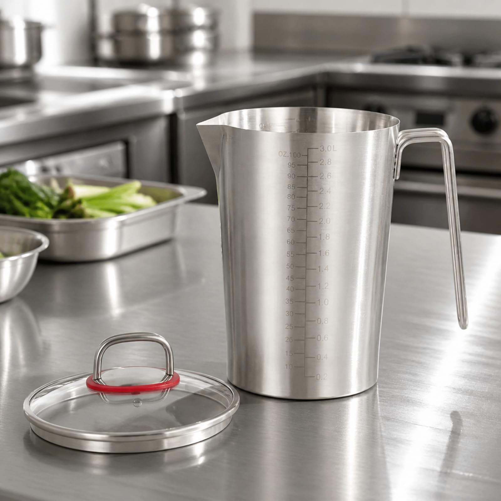 Vaso Medidor Acero Inoxidable Resistente Medidora con Asa y Vertedor Vertedor para Cocineros Caseros, Pasteleros, 5000ML, Tapa Vidrio