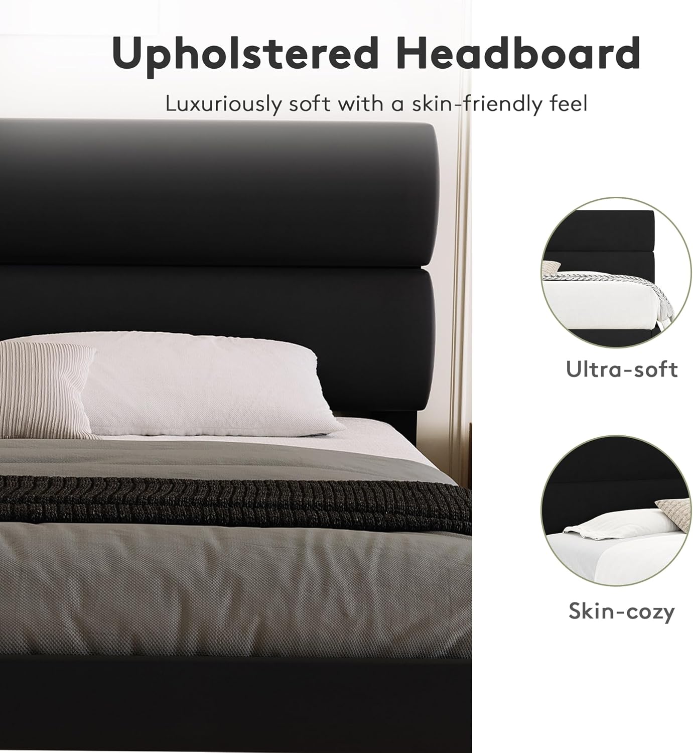 GRUSIGN Queen Size Platform Bed Frame with Velvet Headboard, Adjustable Height Wooden Slats Support, Upholstered Mattress Foundation, Fits Mattress or Mattress with Box Spring, Easy Assembly, Black