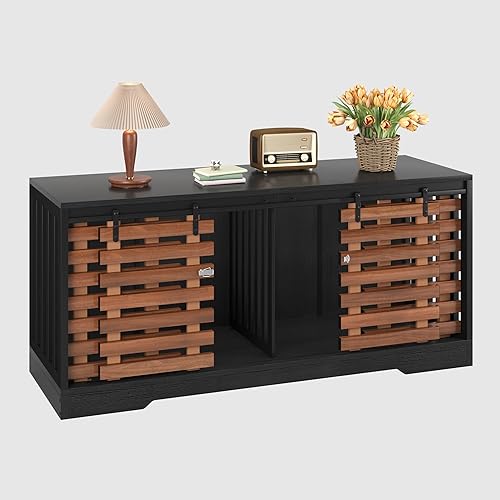 Miniatura 35 de YITAHOME Mueble de jaula para perros de 39 pulgadas con ruedas, mesa de madera resistente para perros con puertas dobles resistentes a las Negro