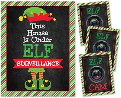 Pink Pixie Studio This House is Under Elf Surveillance Sign, 3 Elf Flat Paper Cams and a Letter- Holiday Elf Props, Santa ...