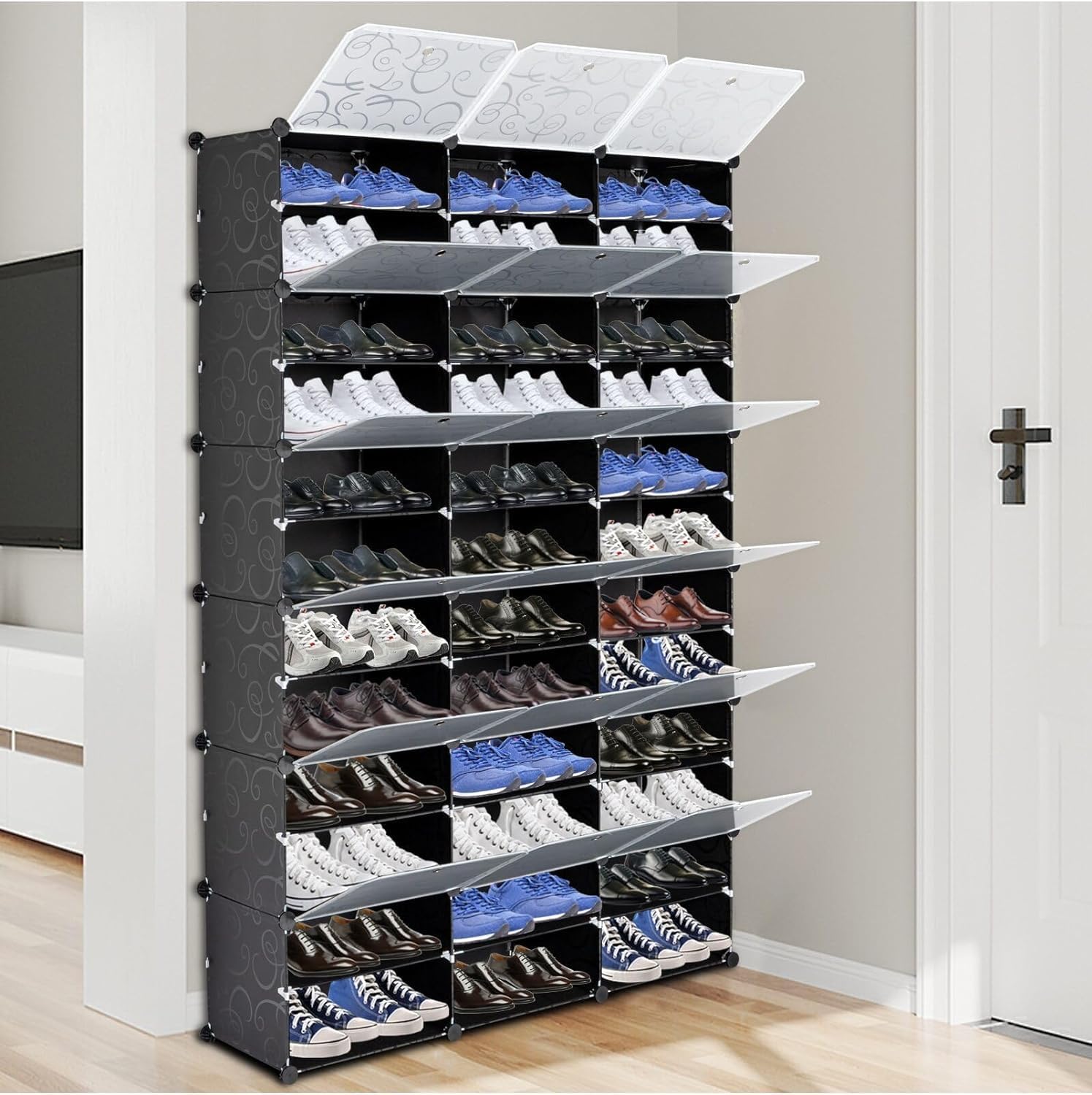 12-Tier 72 Pairs Portable Shoe Rack Organizer 36 Grids Tower Shelf Storage Cabinet Stand Expandable Multi-Purpose Cube for Heels, Boots, Slippers (Black)
