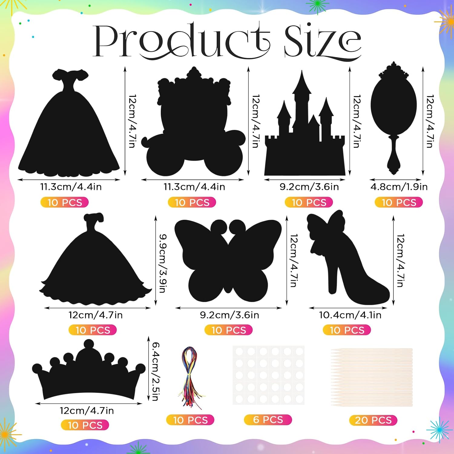 80 Pcs Princess Scratch Cards Colorful Rainbow Princess Scratch Paper Art with Wooden Stylus for Birthday Party Classroom DIY Activities